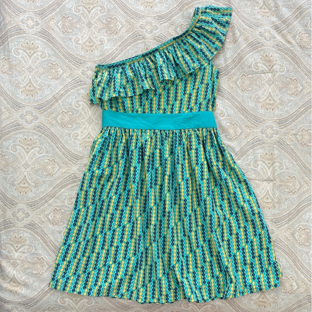 Tulle One-Shoulder Dress in Blue and Green